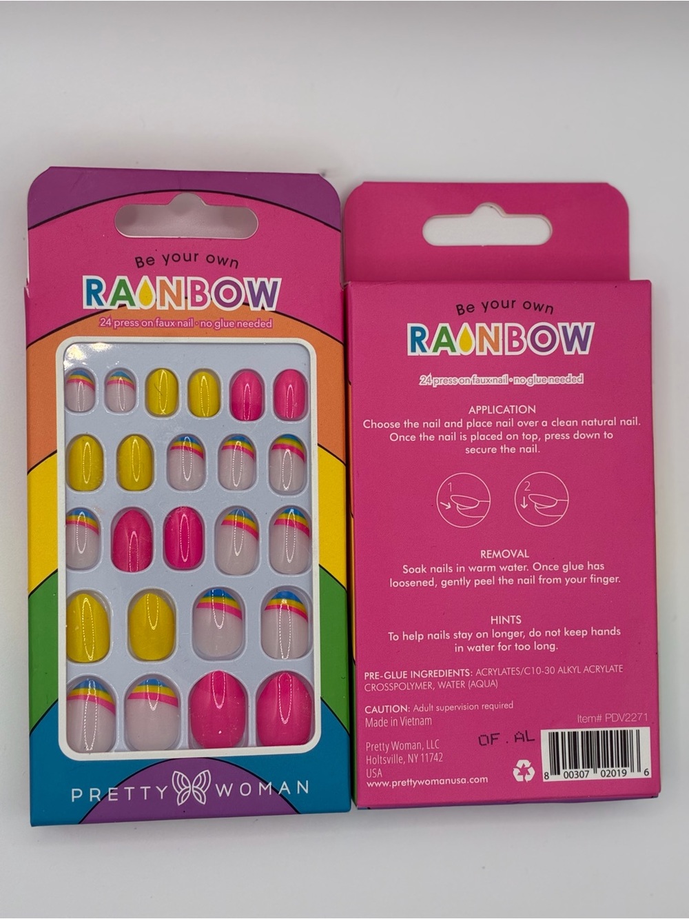 2-Pack Pretty Woman Rainbow Press On Nails - Yellow, Pink, Blue with Clear Base